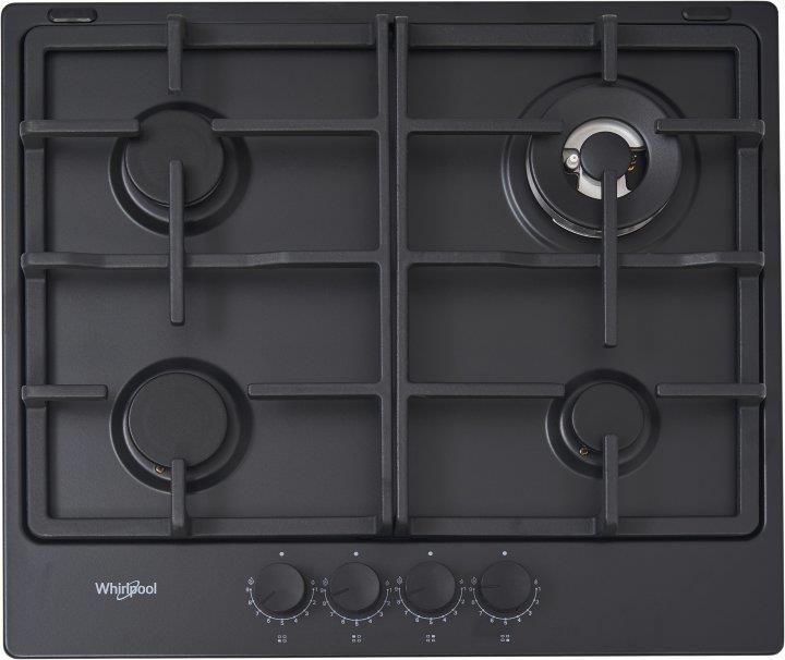 Варильна поверхня Whirlpool газова, 60см, чавун, конфорка з подвійним рядом полум'я, чорний