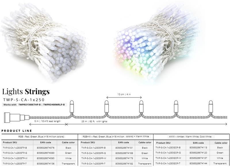 Smart LED Гирлянда Twinkly Pro Strings RGBW 250, одинарная линия, AWG22, IP65, прозрачный