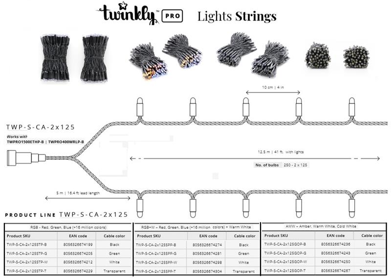 Smart LED Гирлянда Twinkly Pro Strings AWW 250,  двойная линия, AWG22, IP65, черный