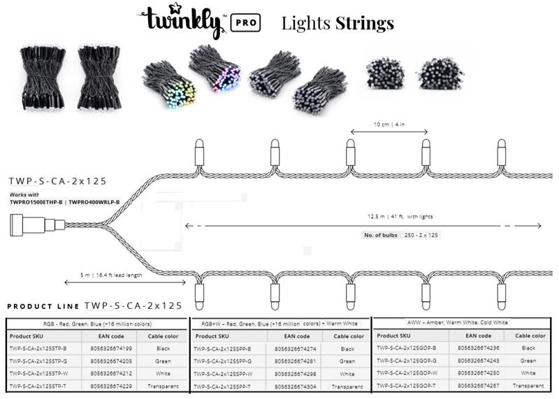 Smart LED Гирлянда Twinkly Pro Strings RGBW 250,  двойная линия, AWG22, IP65, черный