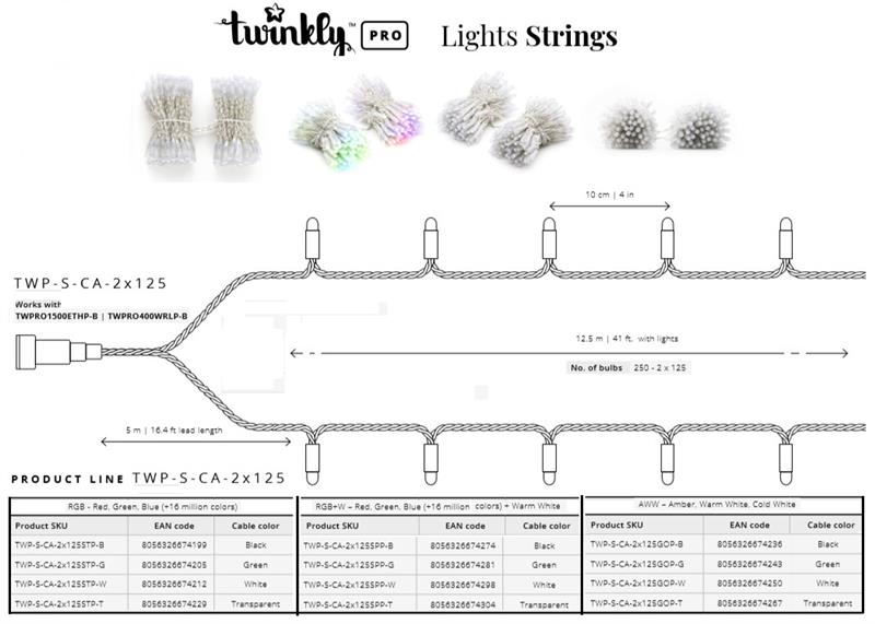 Smart LED Гирлянда Twinkly Pro Strings RGBW 250,  двойная линия, AWG22, IP65, прозрачный