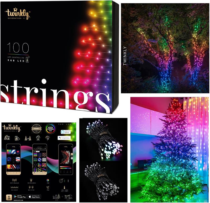 Smart LED Гирлянда Twinkly Strings RGB 100, Gen II, IP44, длина 8м, кабель черный