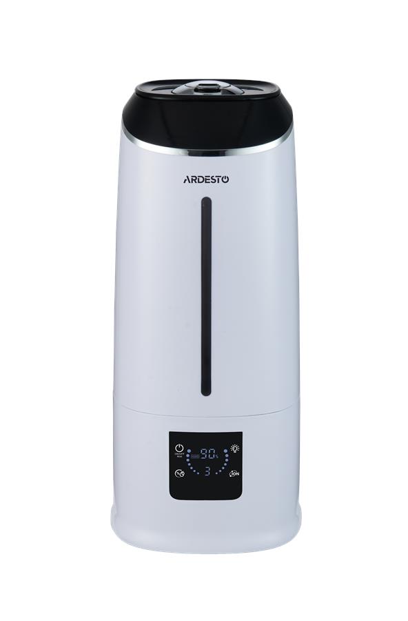 Зволожувач повітря ARDESTO USH-H-65W ультразвуковий, 40м2, 6.5л, 390мл/г, електр. кер-ння, пульт ДК, верх. залив води, дисплей, білий