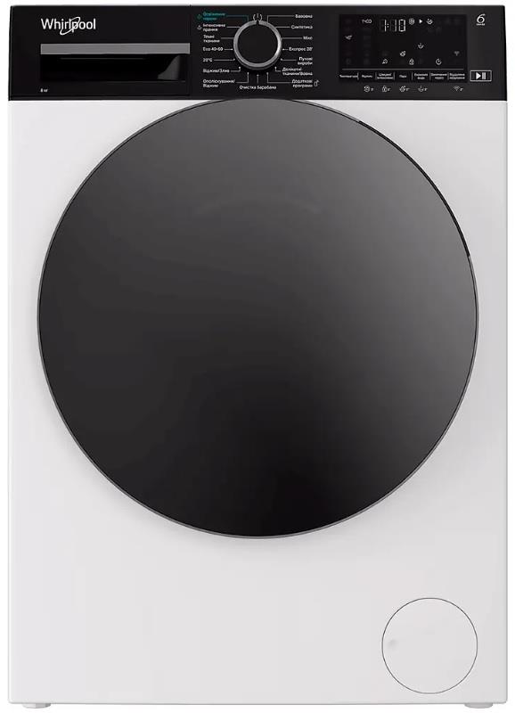 Пральна машина Whirlpool фронтальна, 8кг, 1400, C, 55см, дисплей, пара, інвертор, люк чорний, білий