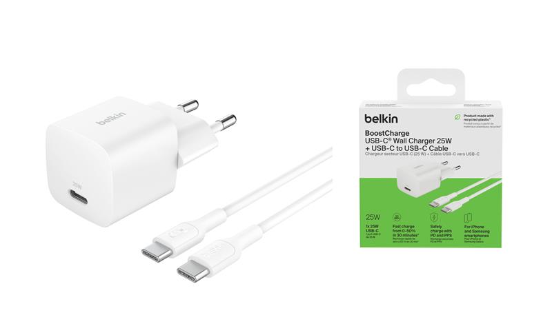 Зарядний пристрій мережевий Belkin 25Вт USB-С PD PPS, кабель USB-С > USB-C, 1м, PVC, білий