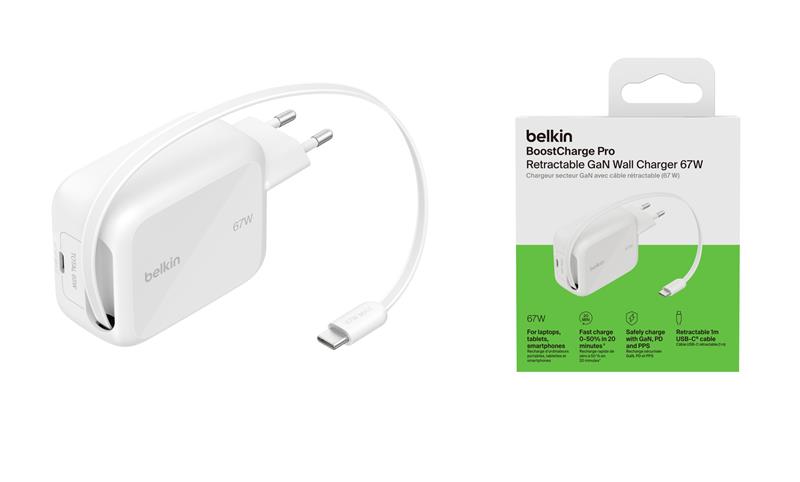Зарядний пристрій мережевий Belkin 67Вт USB-C PD, PPS, вбудований кабель USB-C, білий