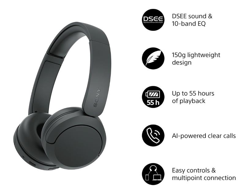 Навушники On-ear Sony WH-CH530 BT 6.0, SBC, AAC, LC3, Wireless, AI mic, Чорний
