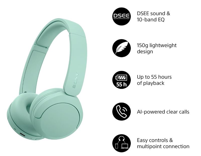 Навушники On-ear Sony WH-CH530 BT 6.0, SBC, AAC, LC3, Wireless, AI mic, Зелений