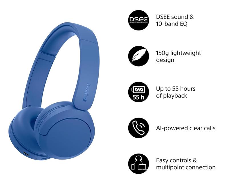 Навушники On-ear Sony WH-CH530 BT 6.0, SBC, AAC, LC3, Wireless, AI mic, Синій