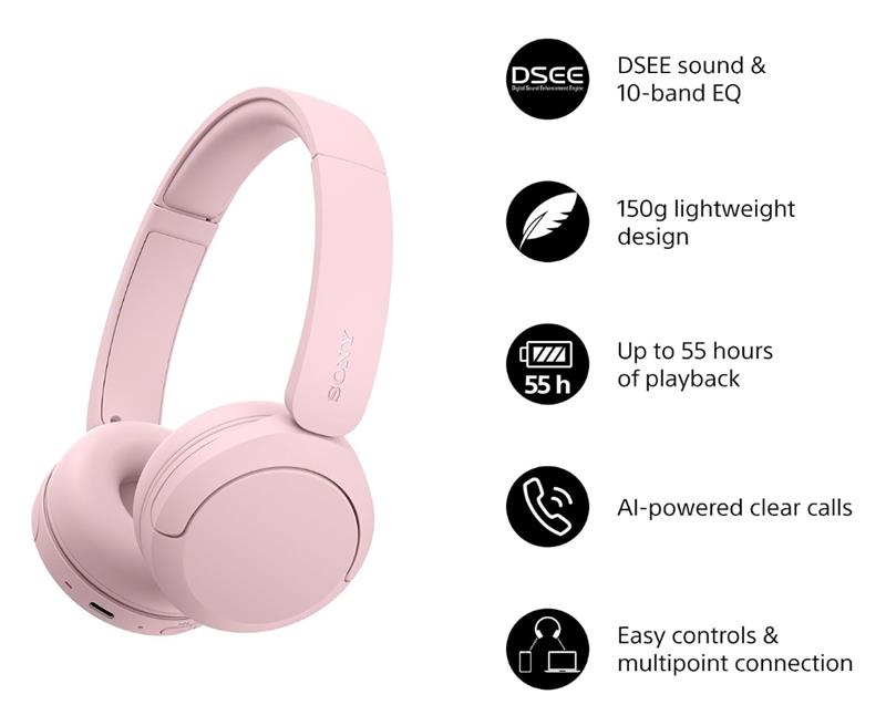 Навушники On-ear Sony WH-CH530 BT 6.0, SBC, AAC, LC3, Wireless, AI mic, Рожевий