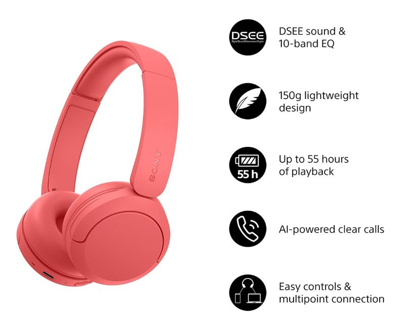 Навушники On-ear Sony WH-CH530 BT 6.0, SBC, AAC, LC3, Wireless, AI mic, Червоний