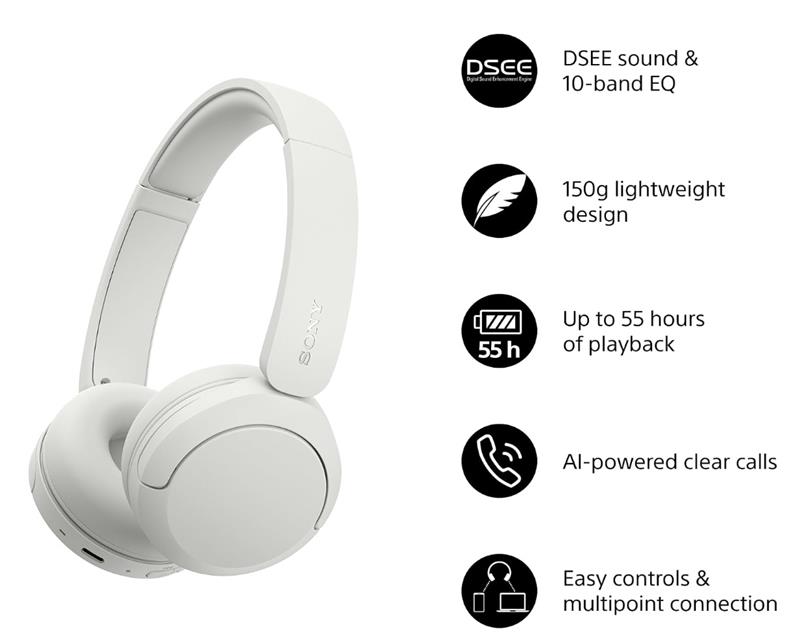 Навушники On-ear Sony WH-CH530 BT 6.0, SBC, AAC, LC3, Wireless, AI mic, Білий