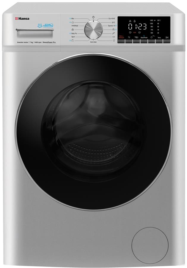 Пральна машина Hansa фронтальна, 7кг, 1400, A+++, 46см, пара, дисплей, сірий