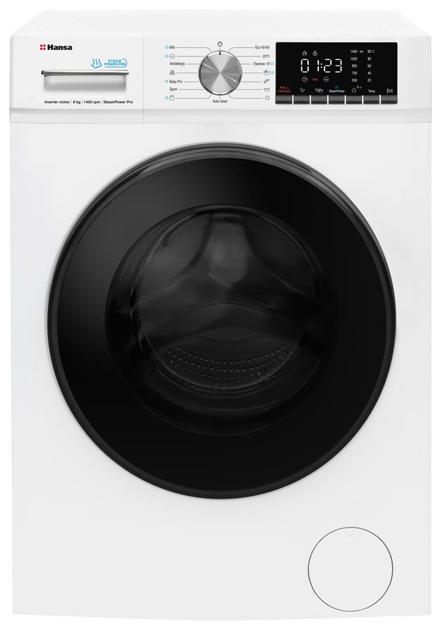 Пральна машина Hansa фронтальна, 8кг, 1400, A+++, 46см, пара, дисплей, білий