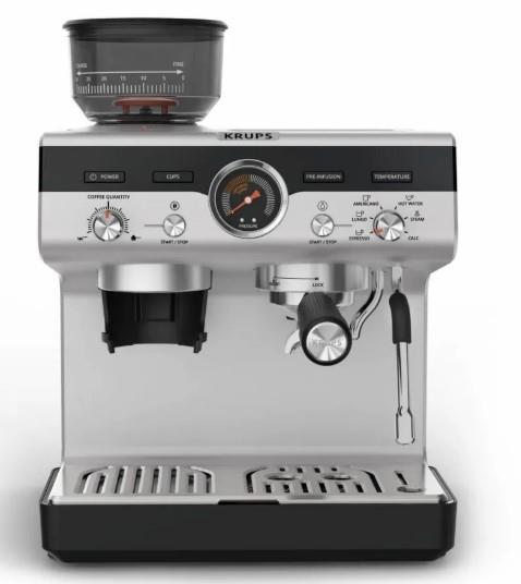 Кавоварка Krups ріжкова Precision+, 3.5л, вдубована кавомолка, ручний капучинатор, 15 бар, чорний-сірий
